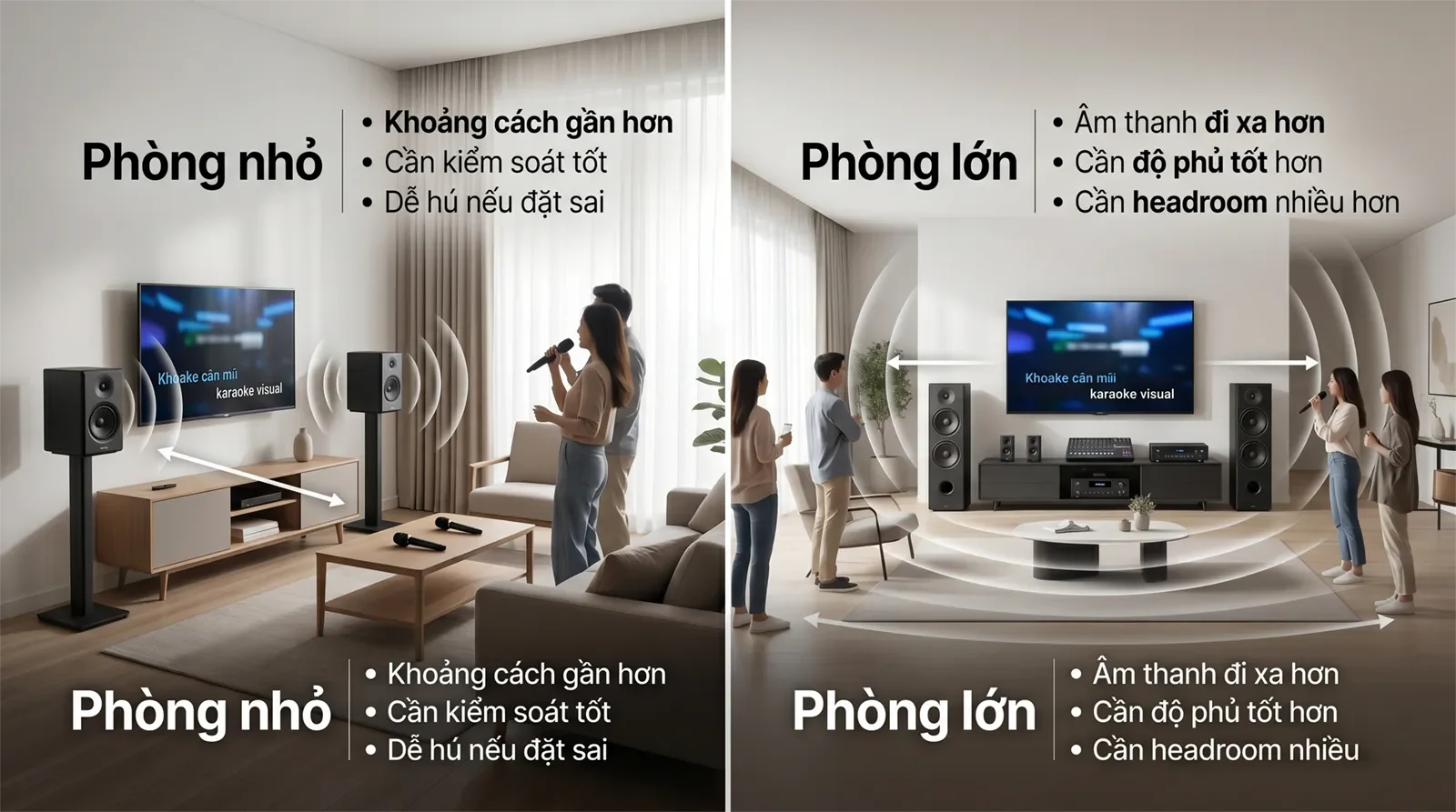 Hình giải thích độ phủ âm và headroom theo kích thước phòng karaoke