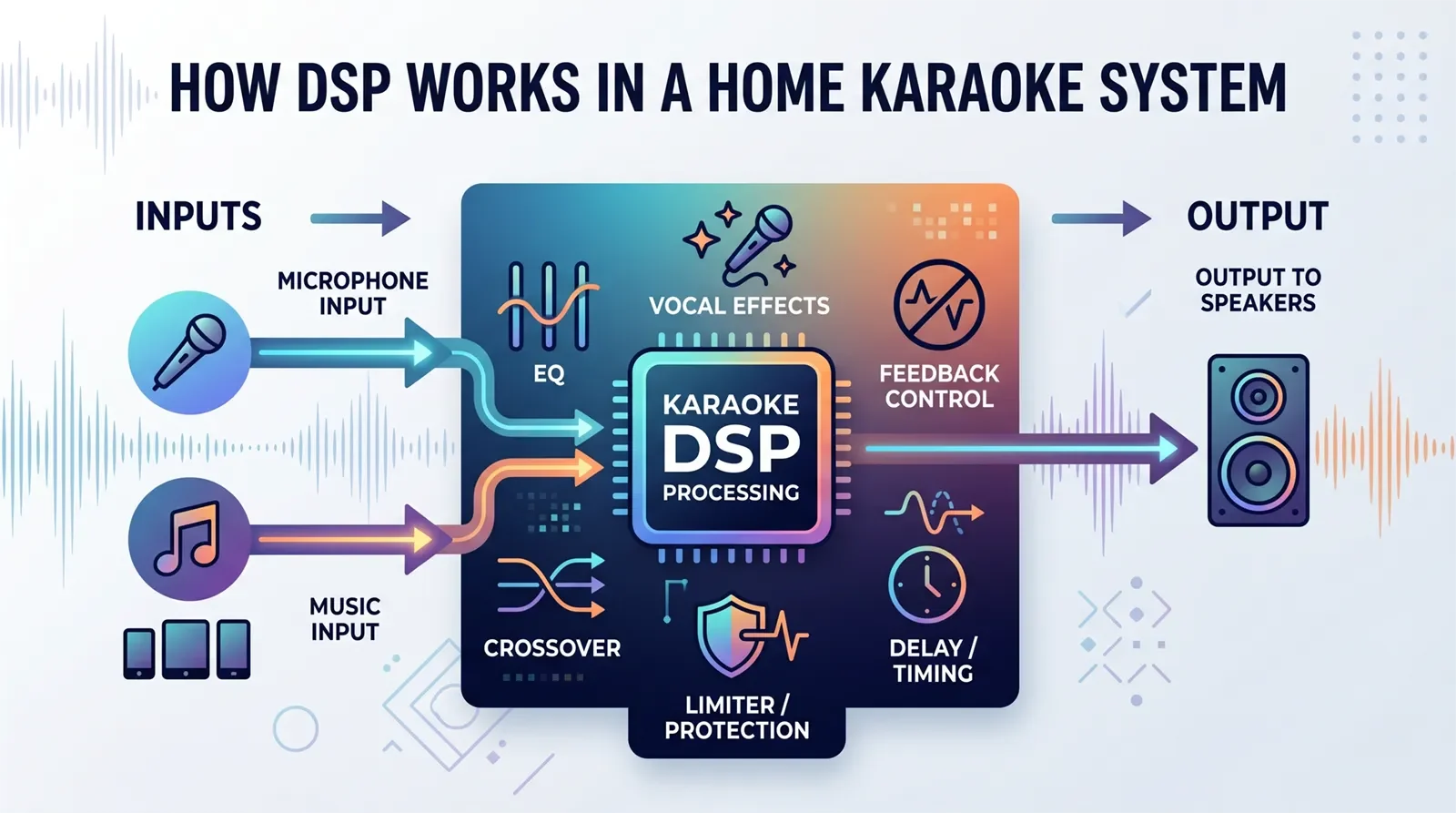 Infographic showing how DSP processes microphone and music signals in a home karaoke system