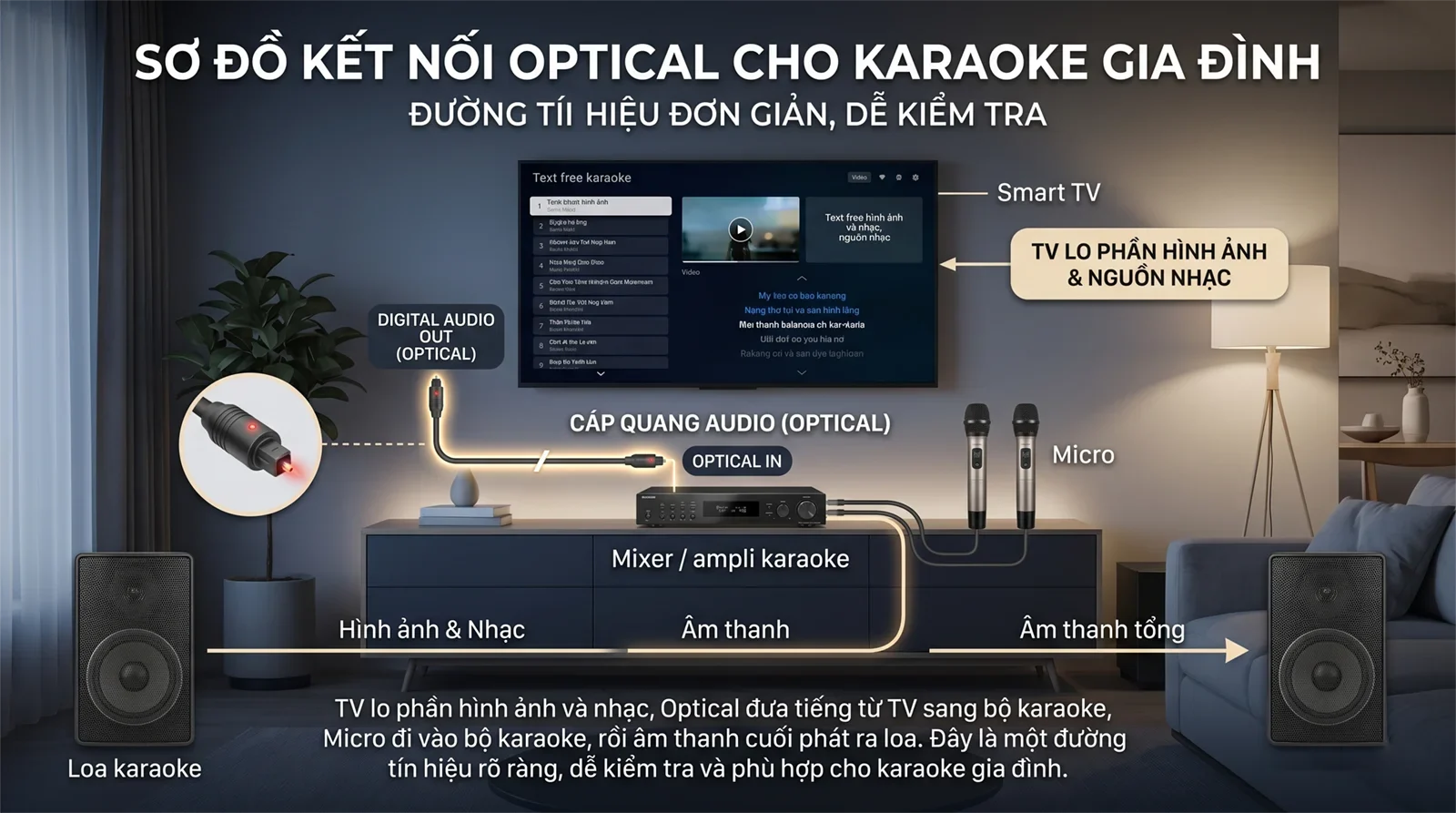 Đường kết nối optical đơn giản từ smart TV sang dàn karaoke với micro đi vào bộ karaoke và loa phát âm thanh cuối.