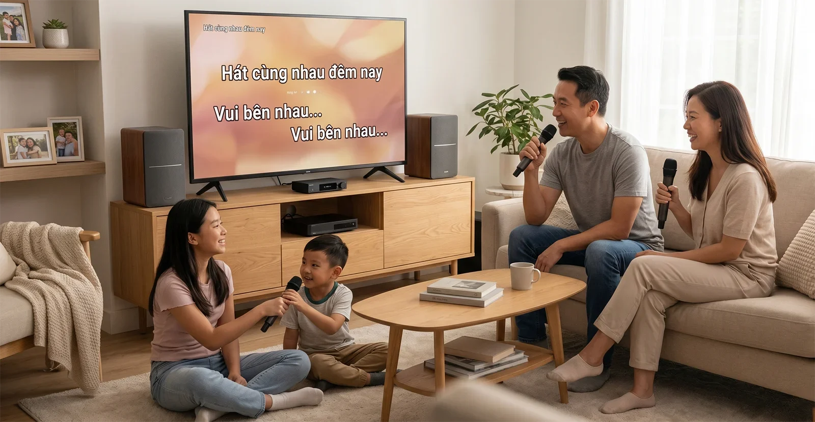 Family using an easy home karaoke system in a clean living room with TV lyrics, microphones, speakers, and minimal setup clutter.