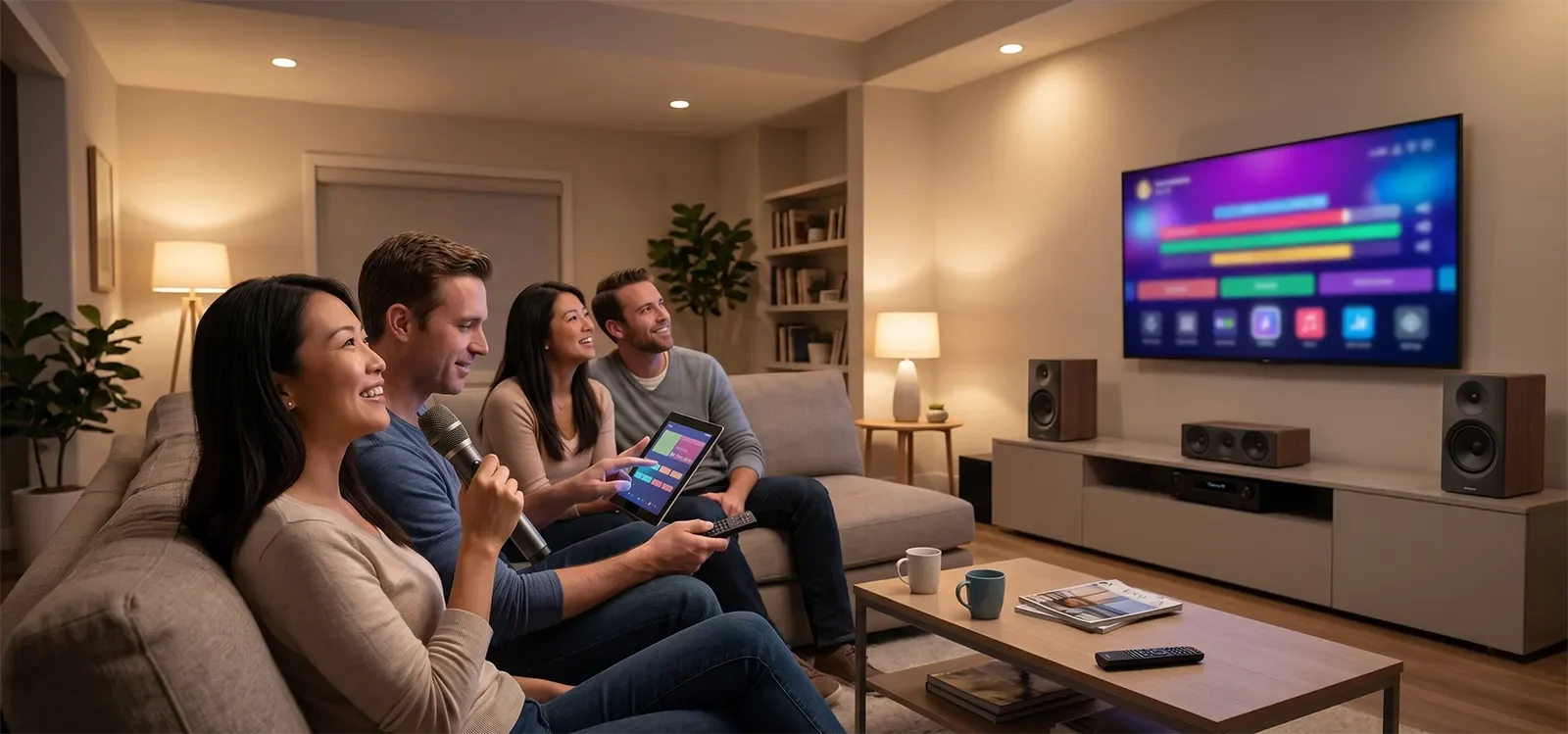 Người dùng karaoke gia đình chọn bài dễ dàng bằng thiết bị điều khiển trong phòng khách hiện đại