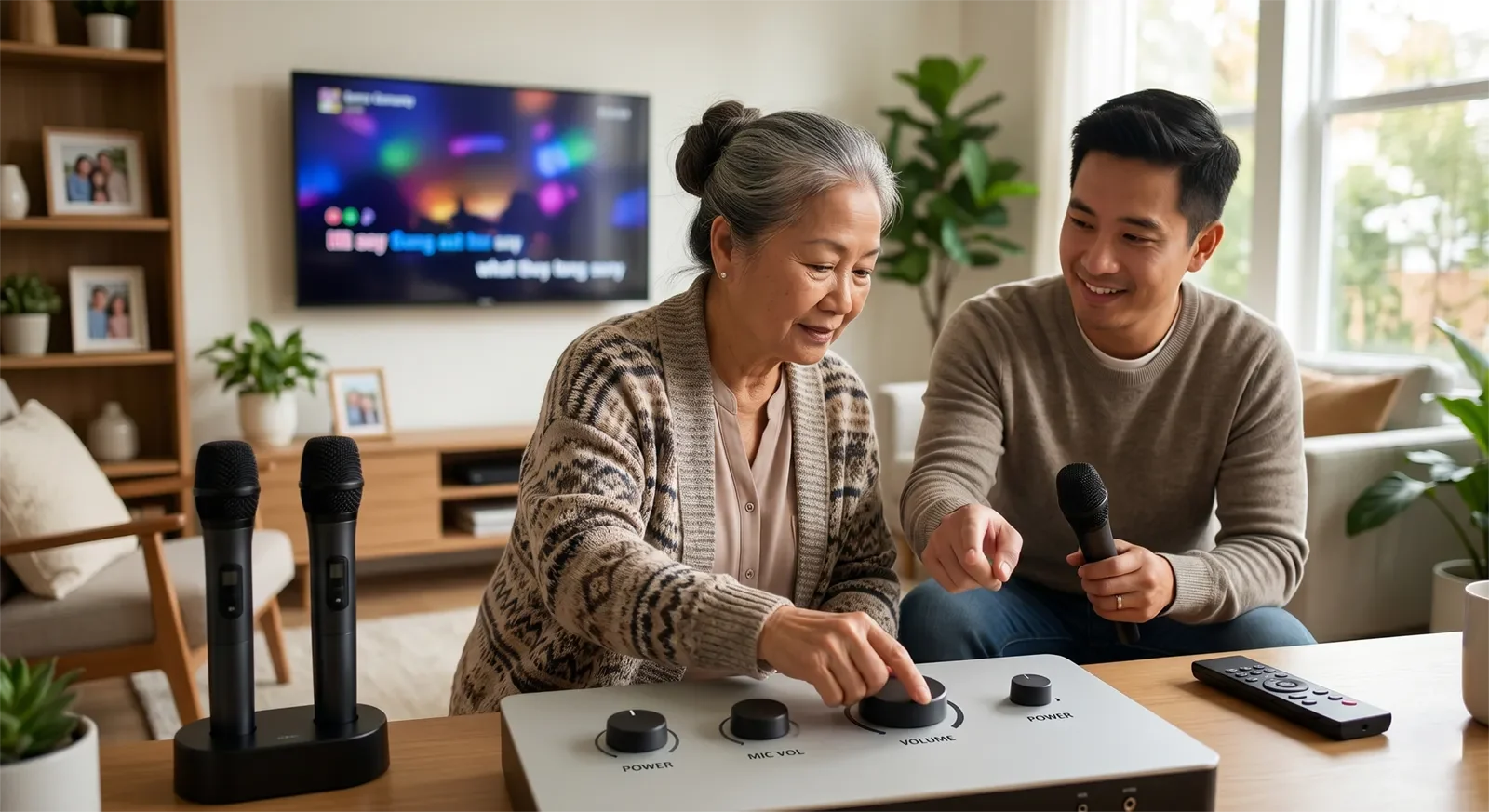 Ba mẹ và người lớn tuổi dùng dàn karaoke dễ thao tác tại nhà với TV, loa và micro không dây