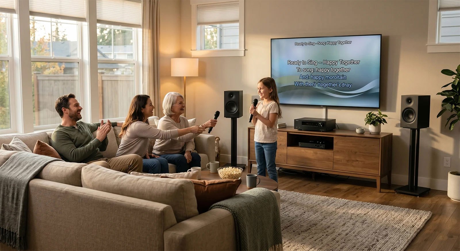 Family using a home karaoke system in a living room with wireless microphones, TV lyrics, speakers, and a comfortable shared setup.