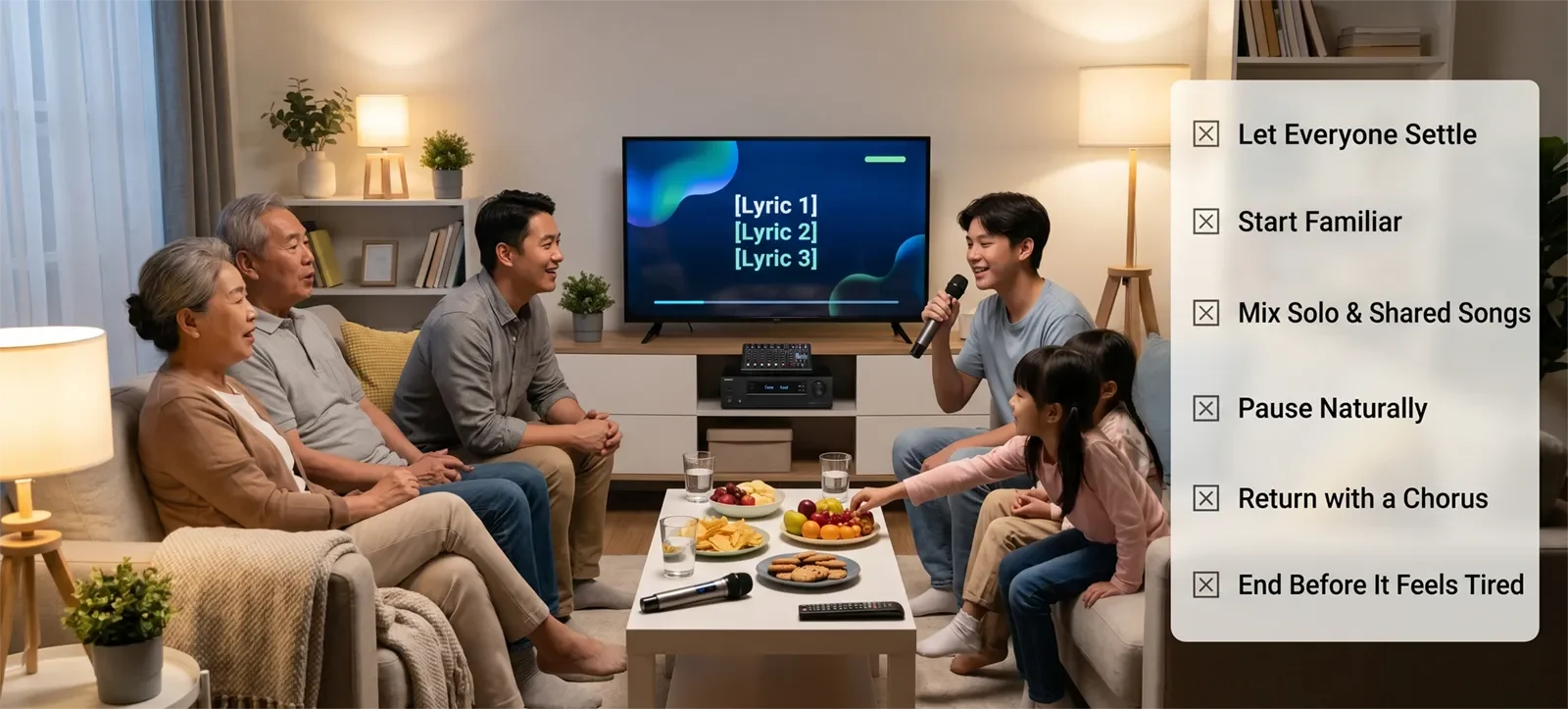 Simple family karaoke flow checklist from settling in and familiar songs to shared choruses, natural pauses, and warm ending.