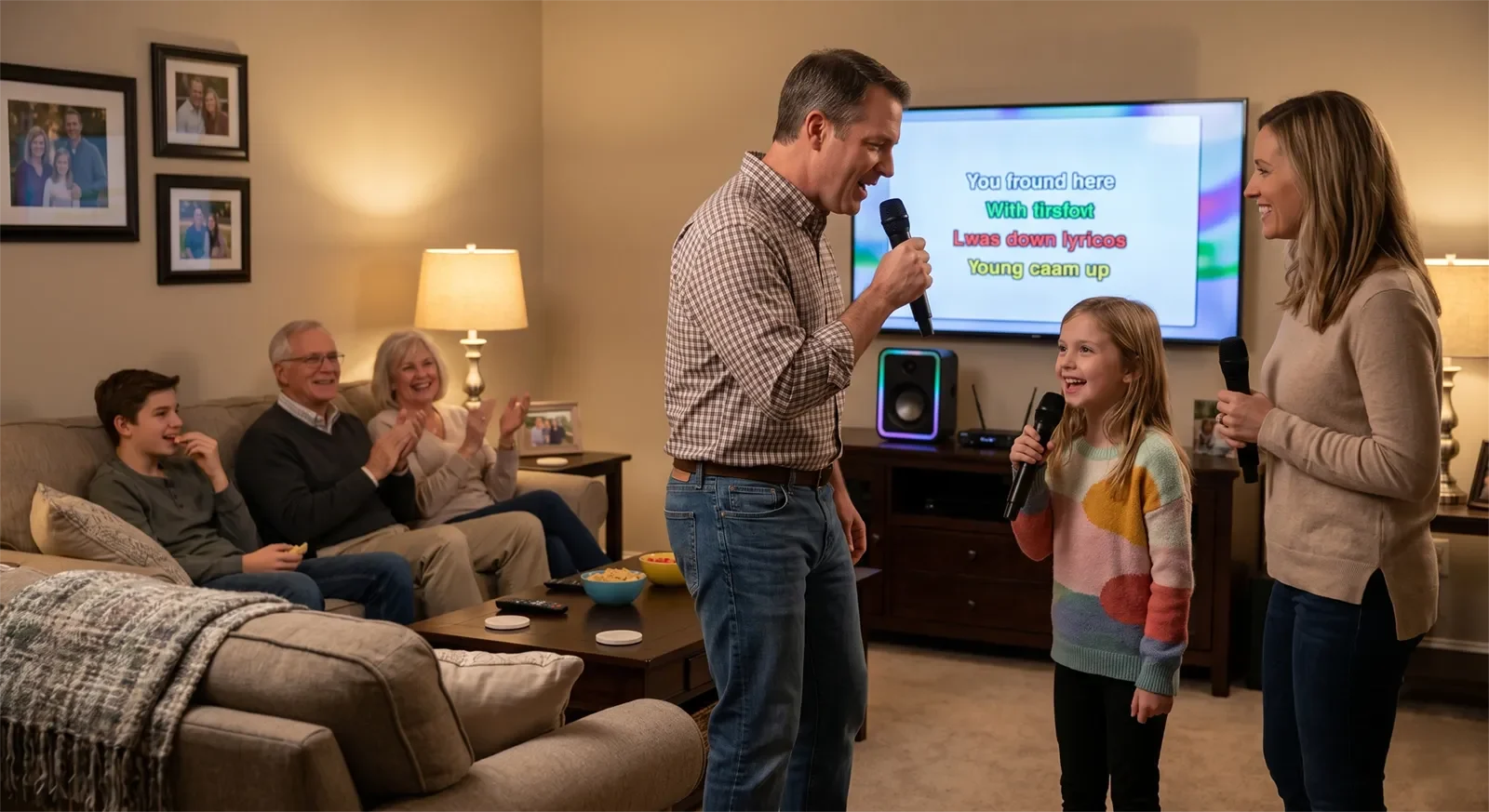 Gia đình nhiều thế hệ chuyền micro không dây và hát karaoke nhóm trong tiệc tại nhà