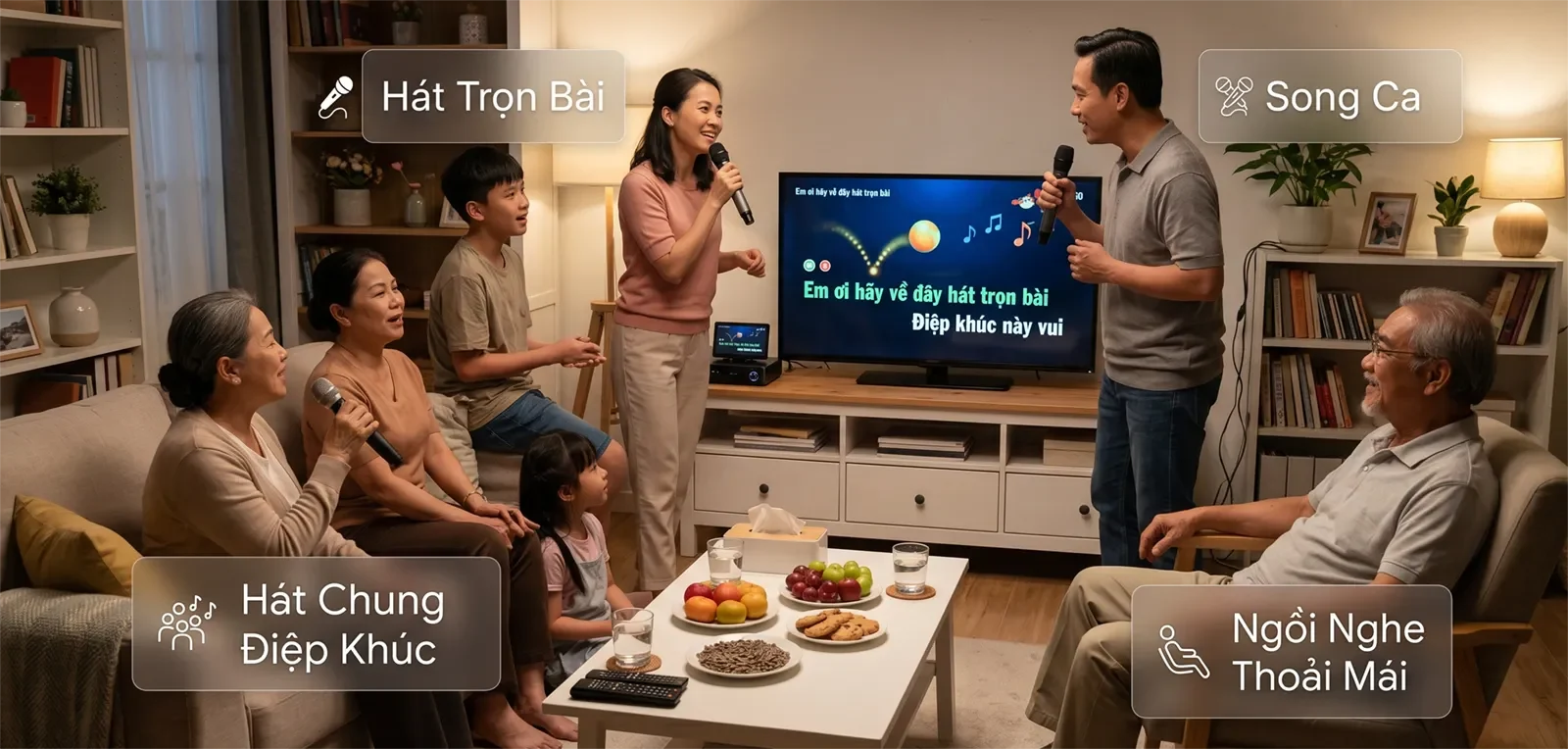 Các cách tham gia karaoke trong buổi họp mặt gia đình gồm hát trọn bài, song ca, hát chung điệp khúc và ngồi nghe thoải mái.