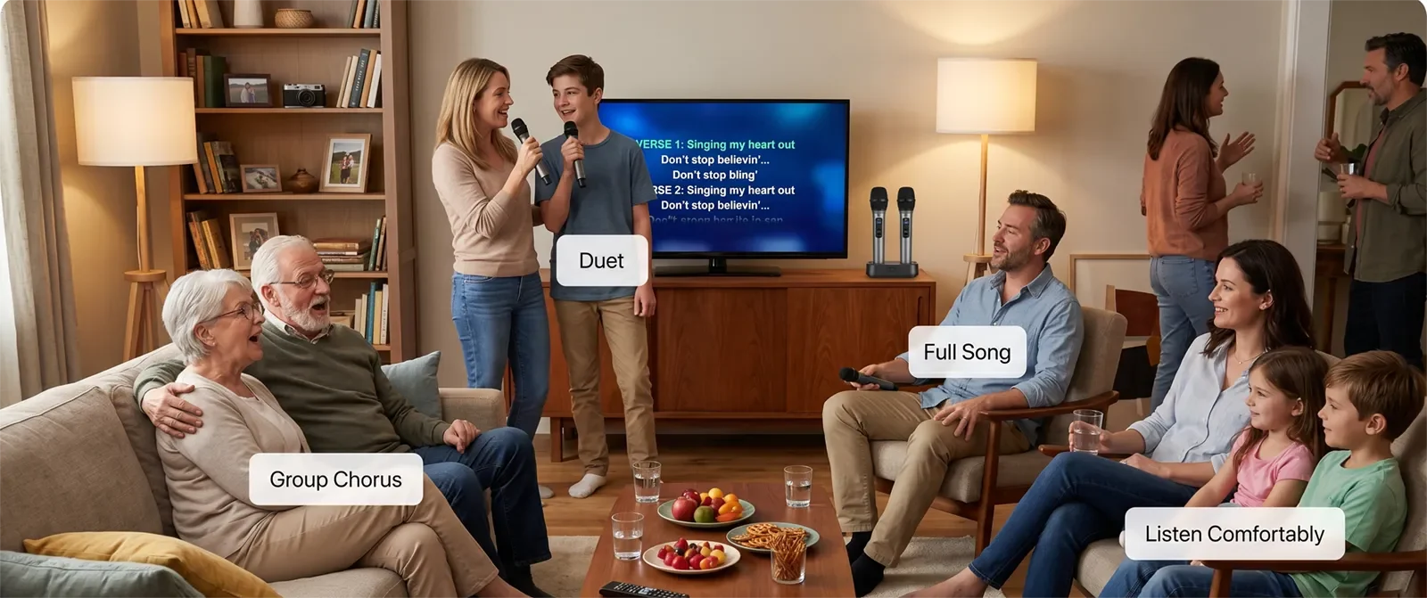 Family karaoke participation options showing full song, duet, group chorus, and listening comfortably.