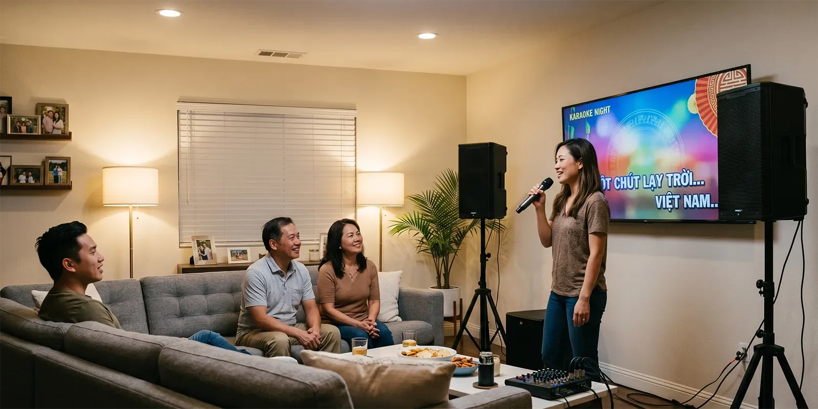 Gia đình hát karaoke trong phòng khách với loa phủ âm đến nhiều vị trí ngồi