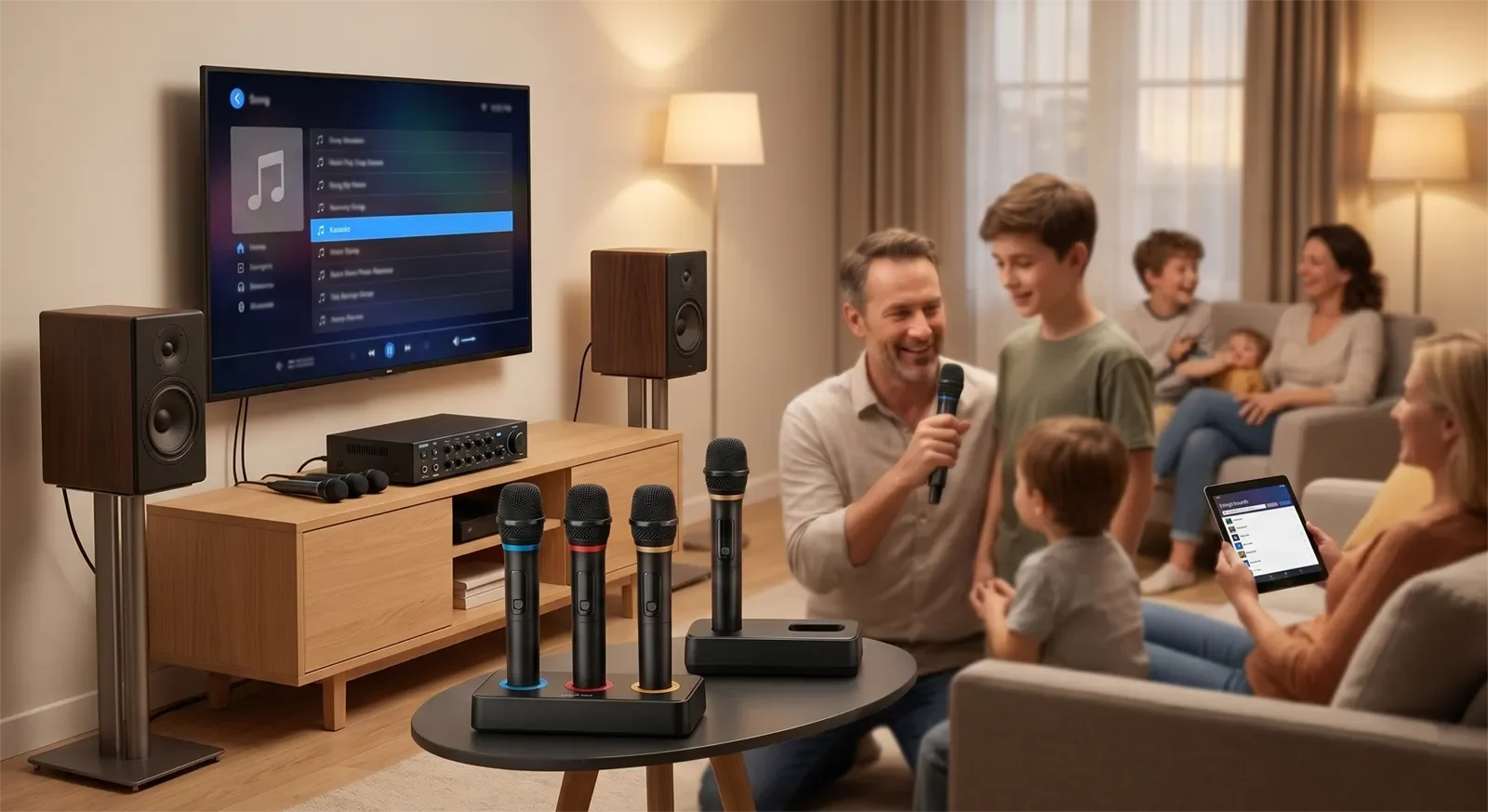 Các thành phần cần có cho dàn karaoke tiệc gia đình gồm micro, loa, amply và TV