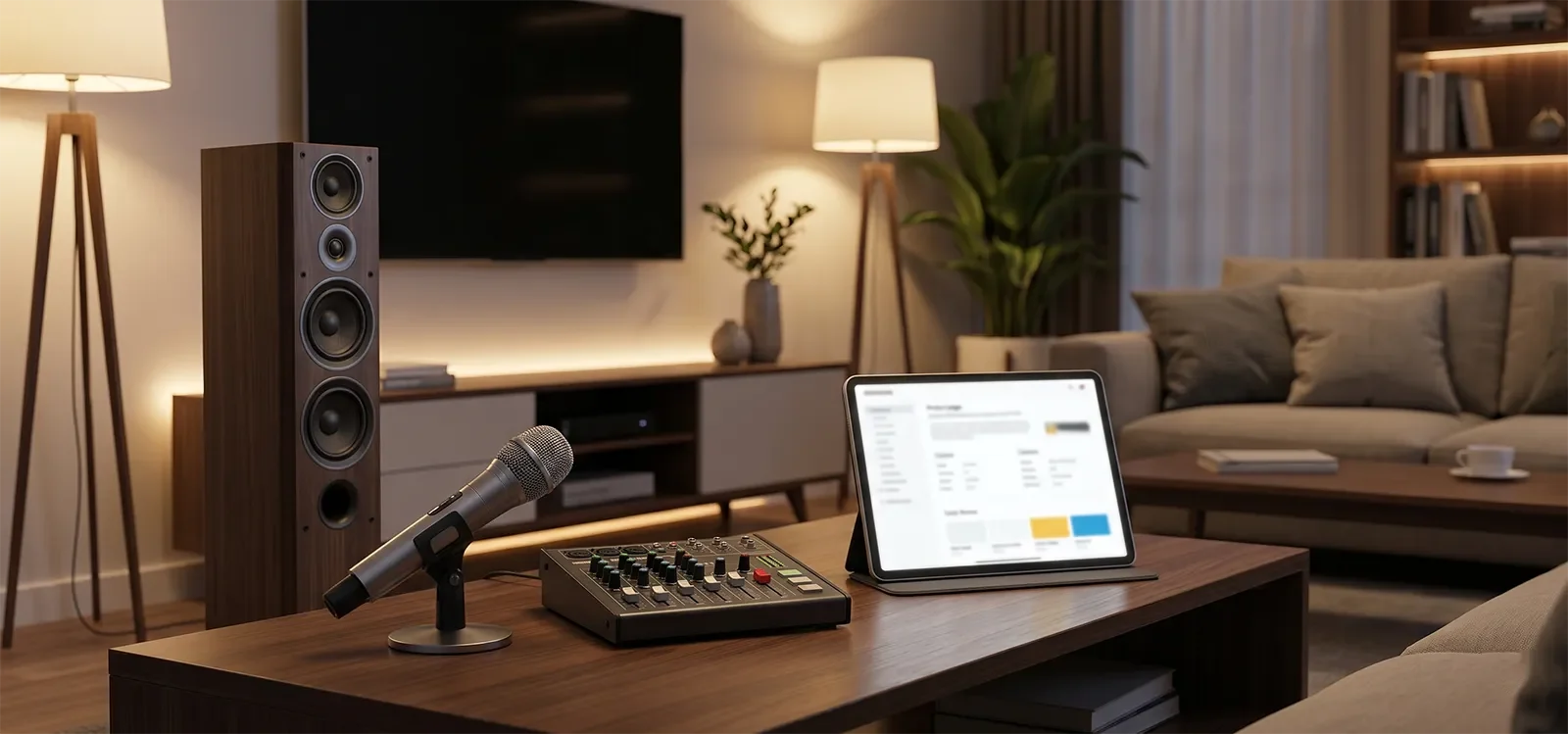 Home karaoke speaker and tablet showing audio specs while a user compares sound quality in a living room