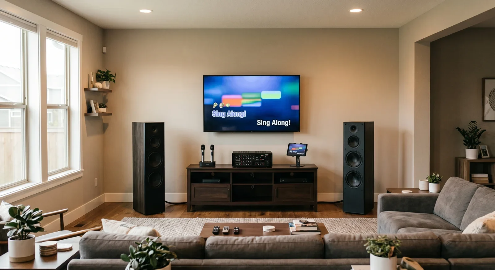 Full-size home karaoke system with larger speakers, amplifier, wireless microphones, and TV music source in a living room.