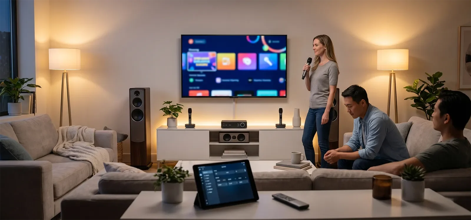 Gia đình dùng dàn karaoke hiện đại trong phòng khách với kết nối không dây và điều khiển đơn giản