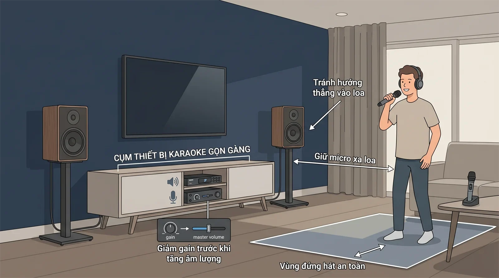Minh họa vị trí micro và loa trong phòng khách giúp giảm hú khi hát karaoke tại nhà.