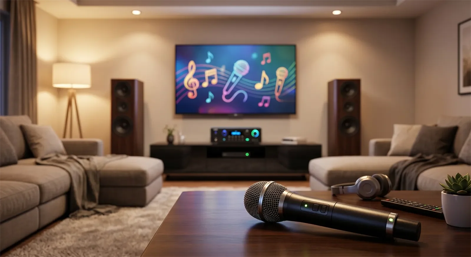 High-quality wireless karaoke microphone in a modern home karaoke setup with speakers and amplifier