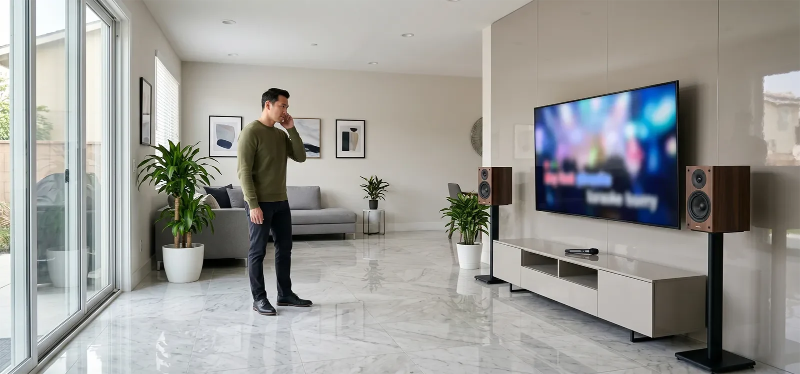 Phòng karaoke gia đình có sàn gạch, cửa kính, tường trống và bề mặt cứng làm âm thanh dễ bị phản xạ