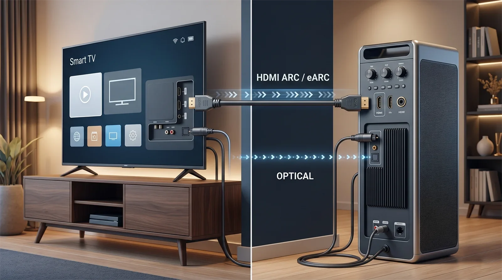 Comparison of HDMI ARC and optical audio connection paths from a smart TV to a karaoke system.