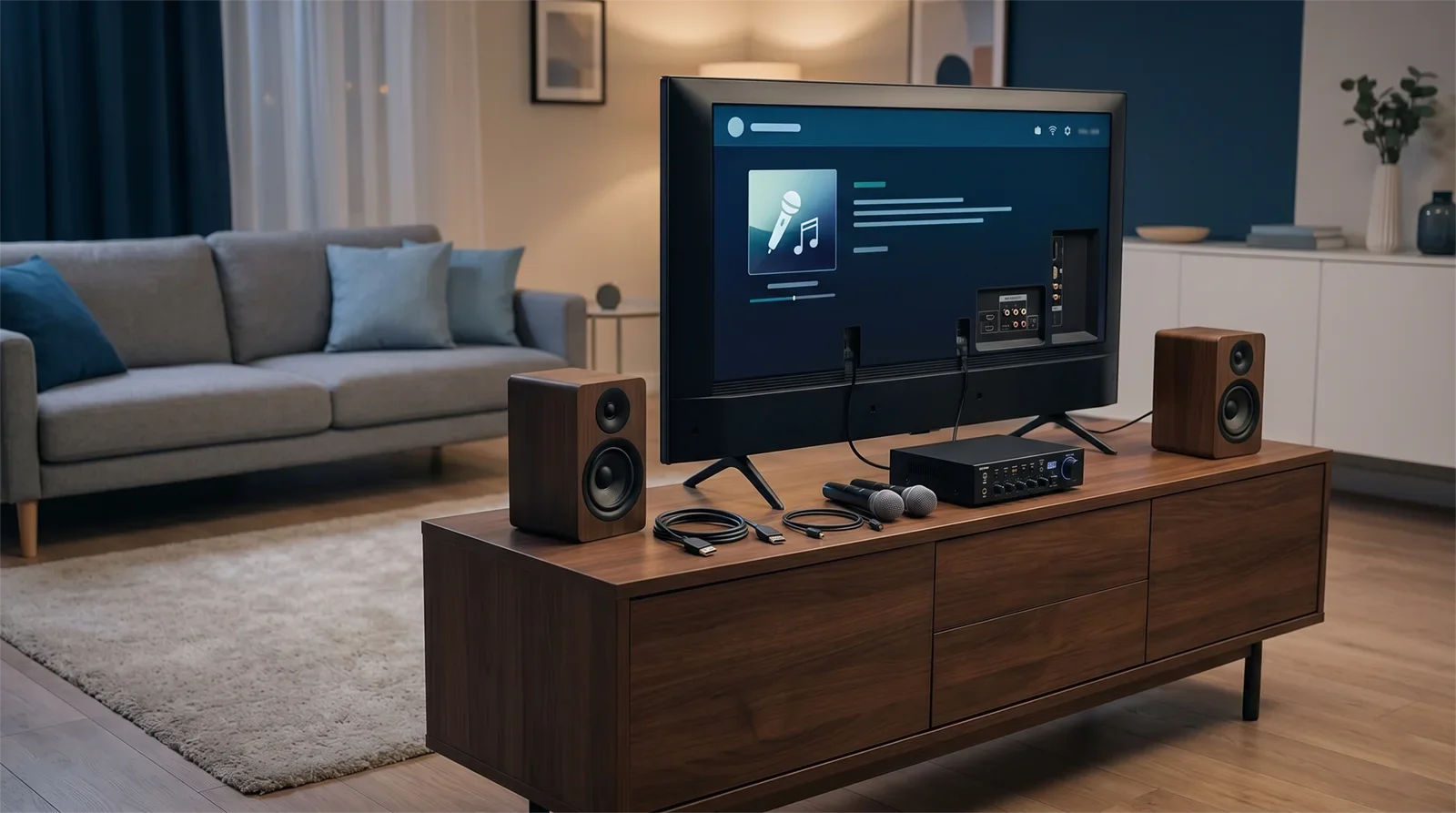 Home karaoke setup with a smart TV, microphones, speakers, and HDMI and optical cable options on a media console.