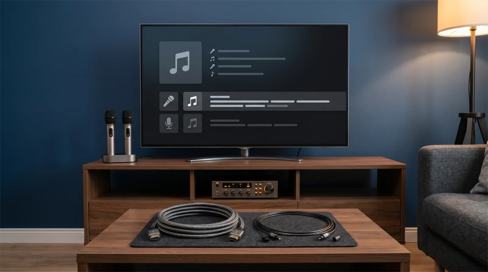 Dàn karaoke gia đình với smart TV, micro, loa và hai lựa chọn kết nối HDMI và optical trên kệ TV.