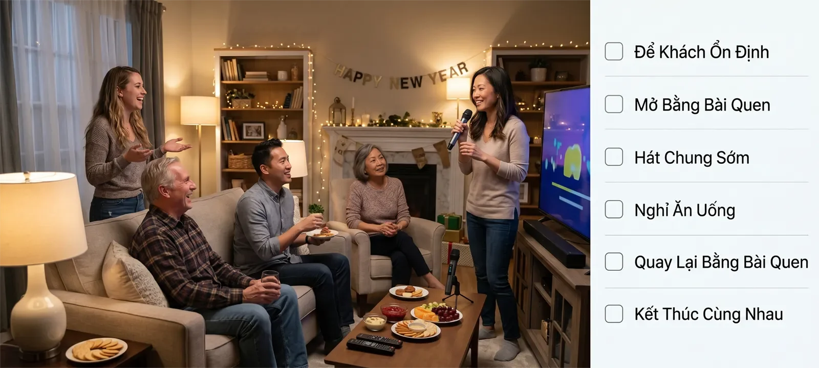 Checklist karaoke ngày lễ tại nhà từ lúc khách ổn định, mở bài quen, hát chung sớm, nghỉ ăn uống và kết thúc cùng nhau.