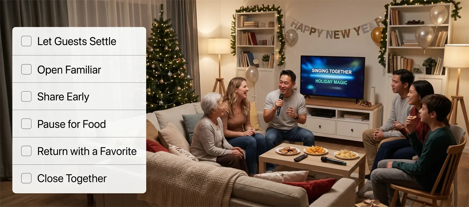 Simple holiday karaoke party checklist from guest settling to familiar songs, food pauses, and shared closing energy.