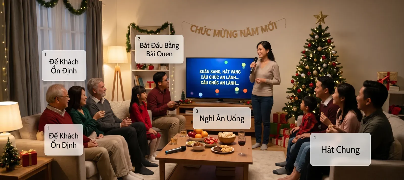 Flow karaoke ngày lễ tại nhà với giai đoạn khách ổn định chỗ ngồi, bắt đầu bằng bài quen, nghỉ ăn uống và hát chung.