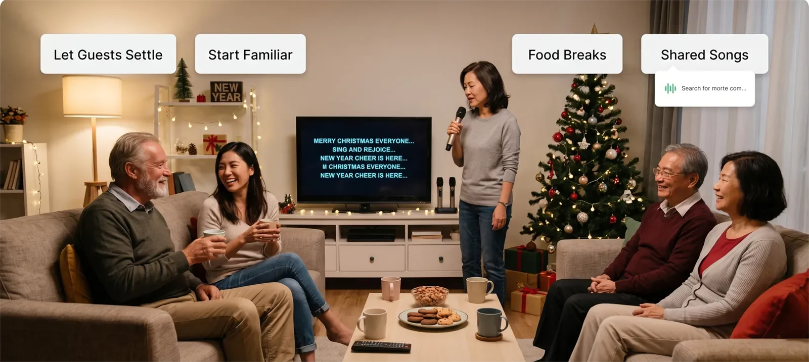 Holiday karaoke party flow showing guests settling, familiar songs, food breaks, and shared songs.
