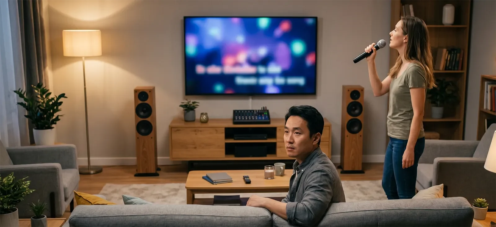 Home karaoke listener sitting between speakers while vocals feel hollow and less centered