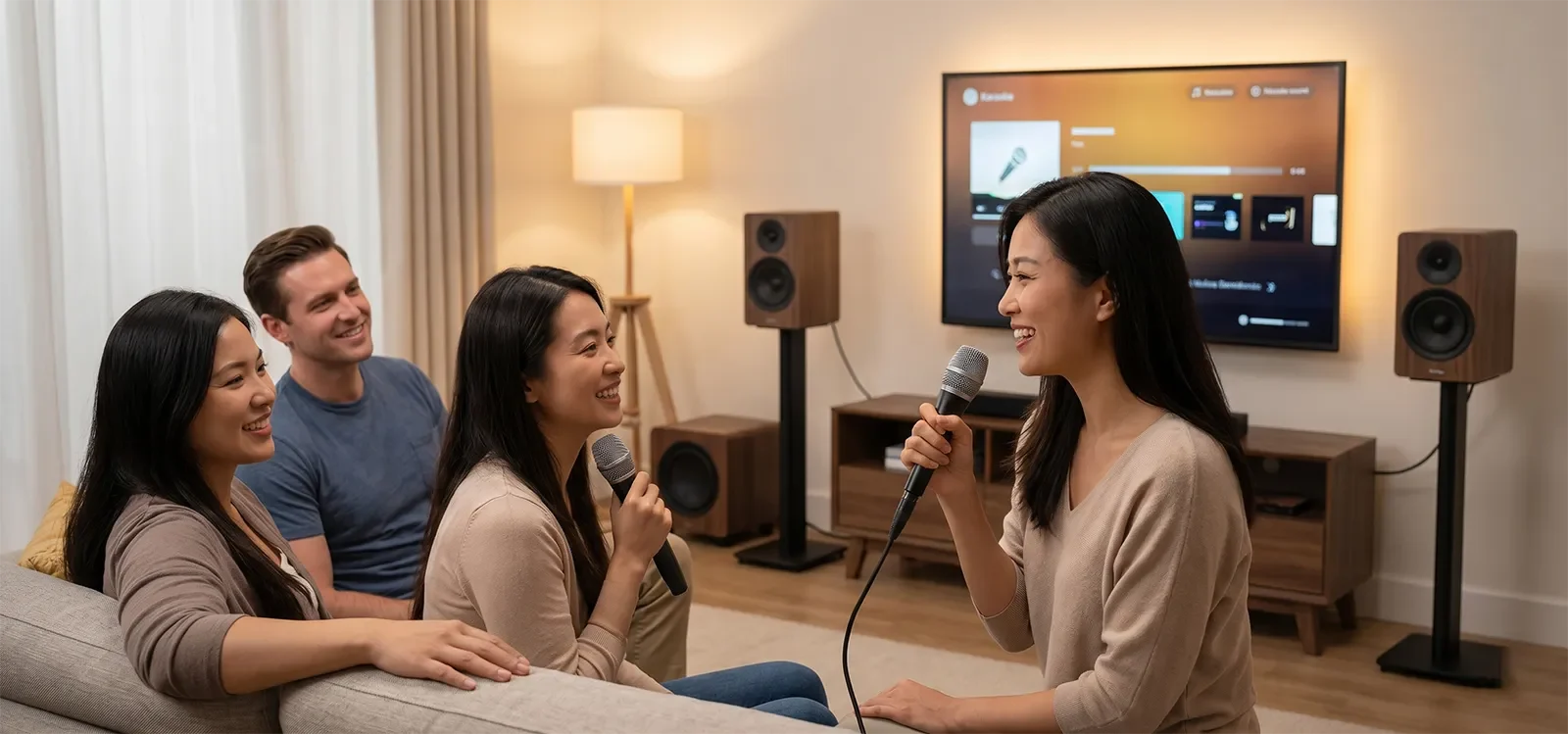 Người hát karaoke tại nhà với loa và subwoofer được bố trí cân bằng để giọng hát rõ và bass gọn hơn.