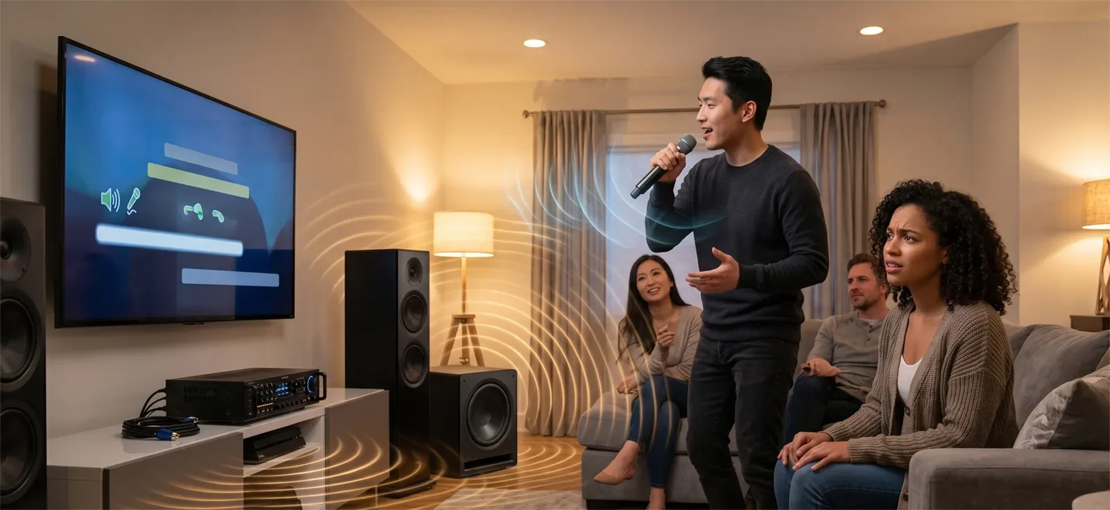 People singing karaoke at home while strong bass makes the vocal harder to follow.