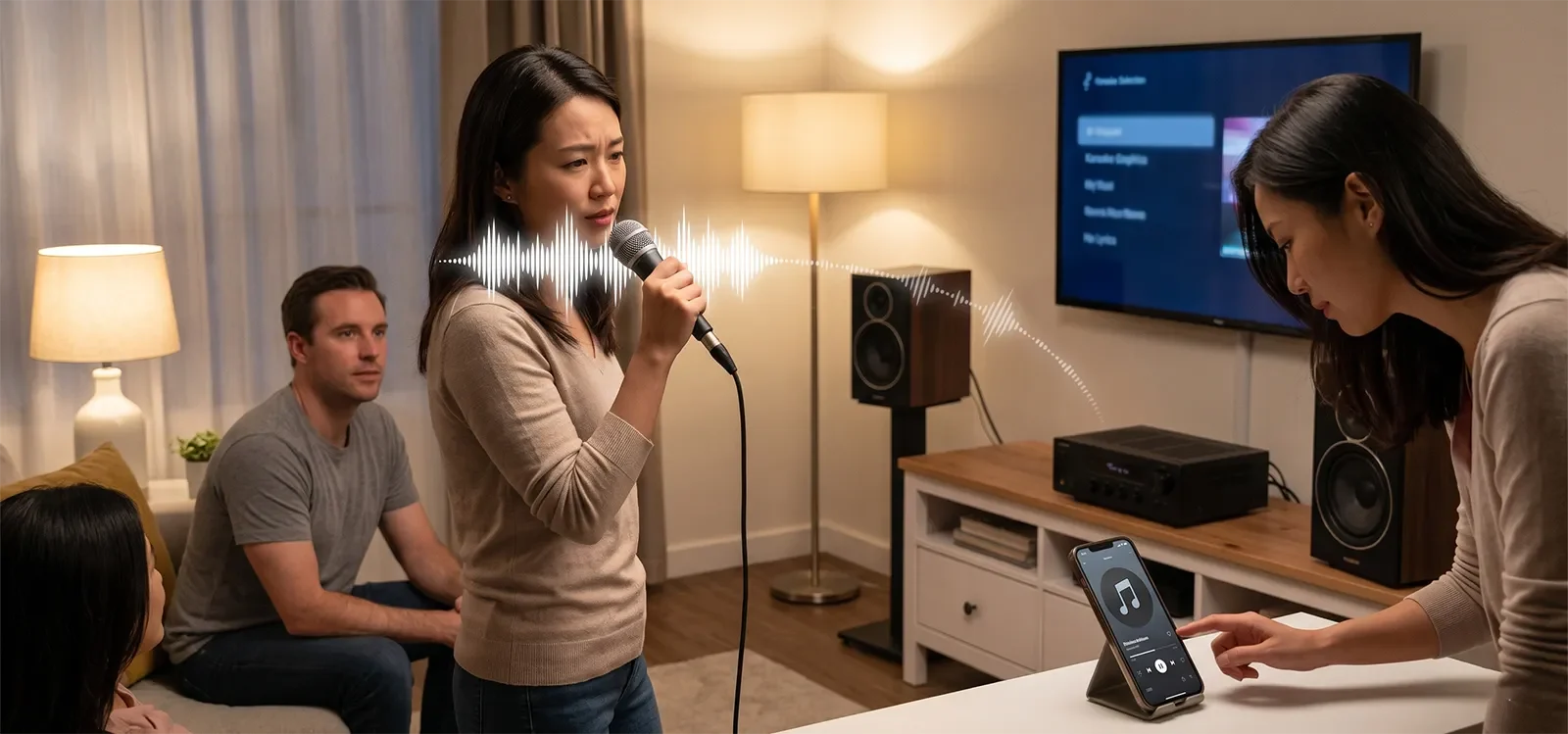 People singing karaoke at home while Bluetooth audio delay makes the timing feel slightly off.