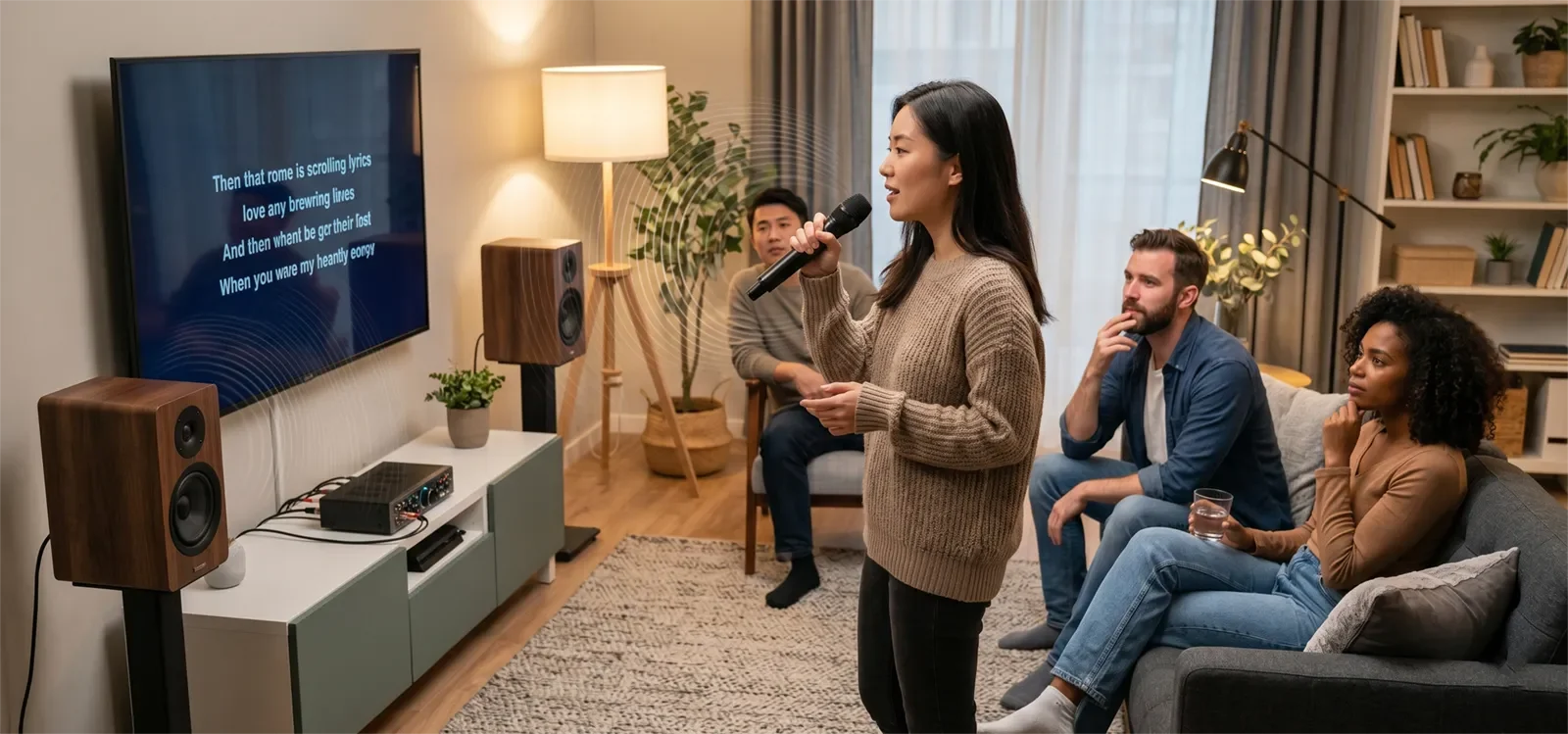 People singing karaoke at home while vocals sound closed in, hollow, and less open in the room.