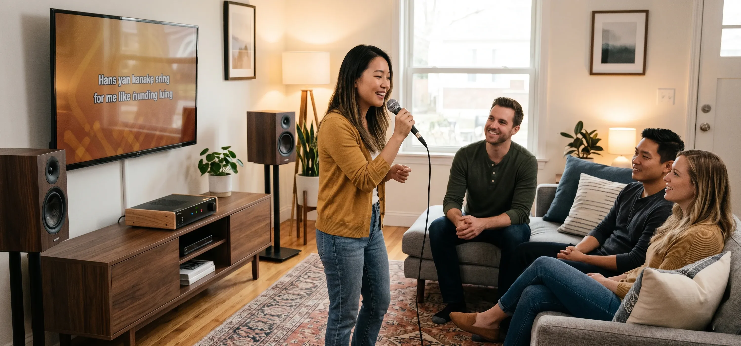 Người hát karaoke tại nhà với mức giọng cân bằng, âm thanh sạch và loa hoạt động ổn định.