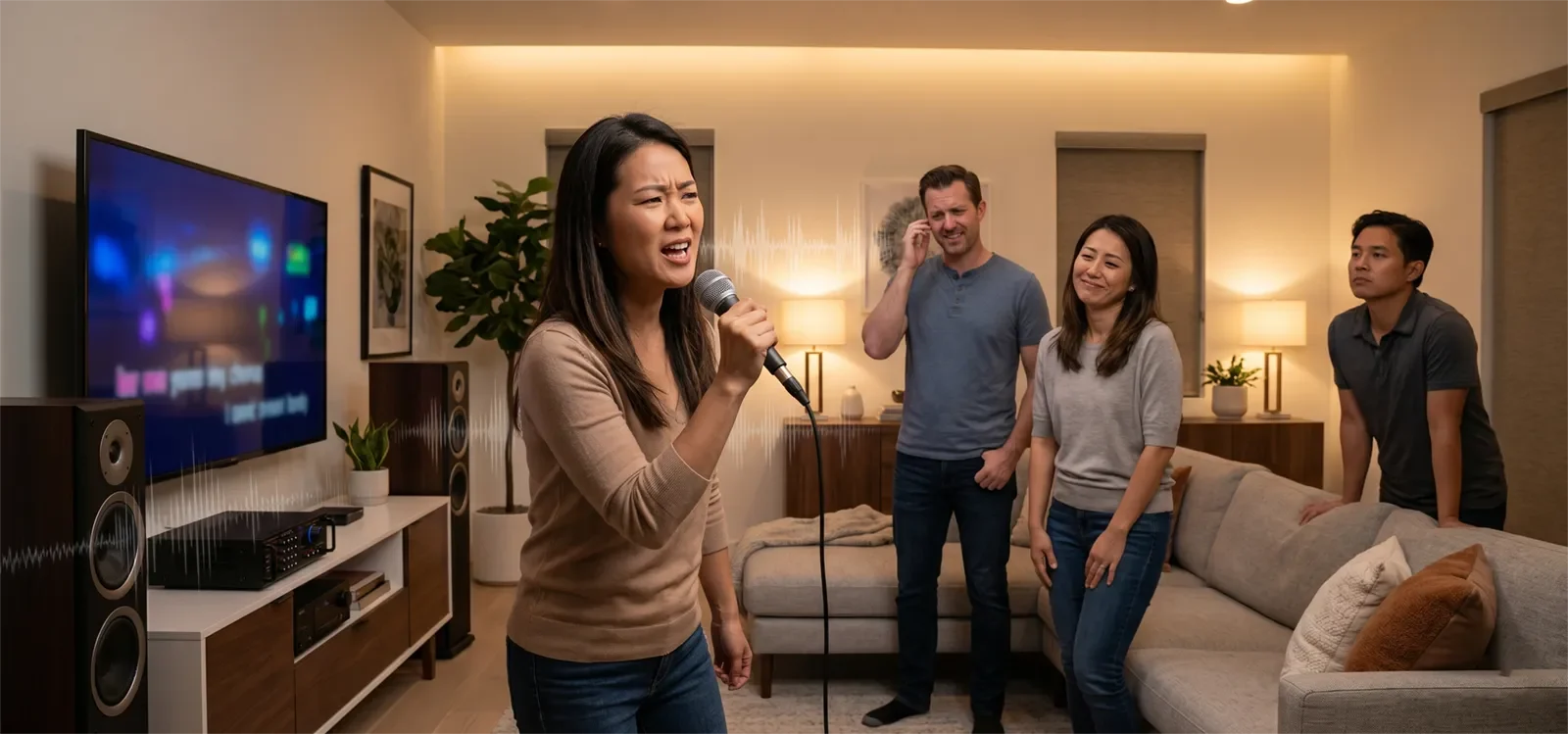 Người hát karaoke tại nhà trong lúc âm thanh bị căng, clipping và gây mệt tai ở đoạn lớn.