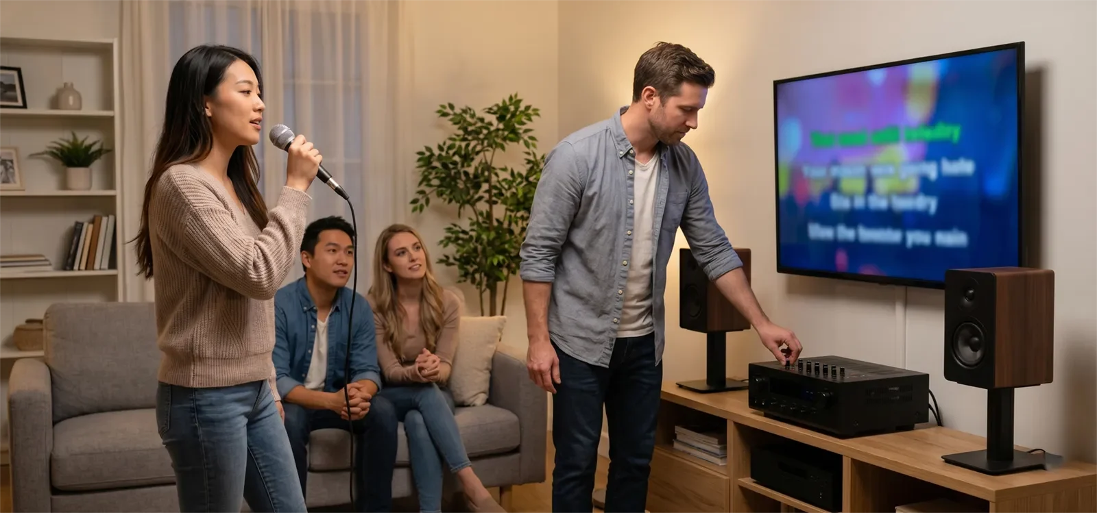 People testing karaoke vocals at home while adjusting EQ for clearer and more comfortable singing.