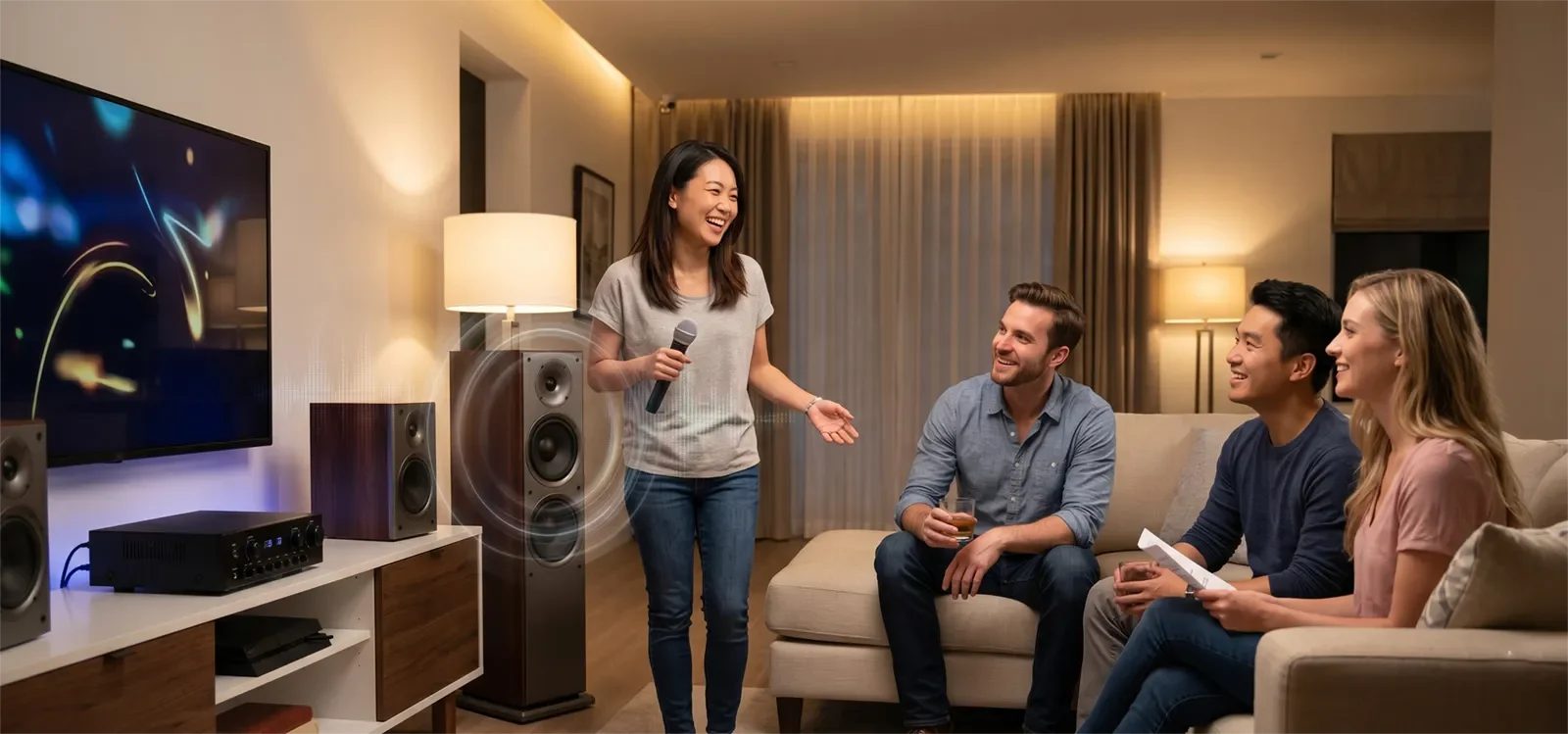 Người hát karaoke tại nhà cầm micro gần loa, cho thấy vị trí micro và hướng loa có thể làm tăng nguy cơ hú rít.