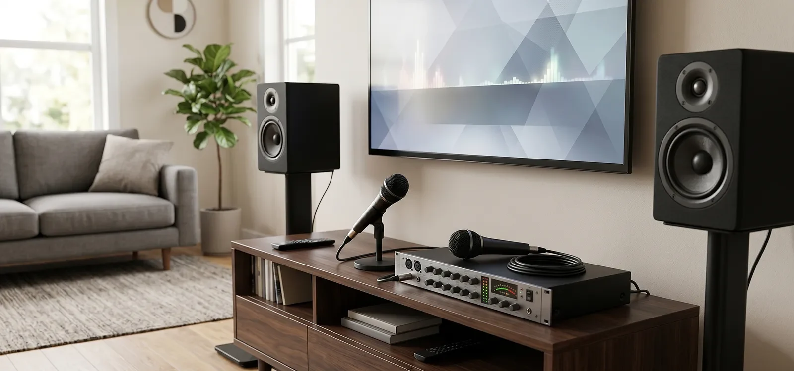 Dàn karaoke gia đình với micro, mixer, ampli và loa được bố trí để kiểm soát giọng hát rõ hơn.