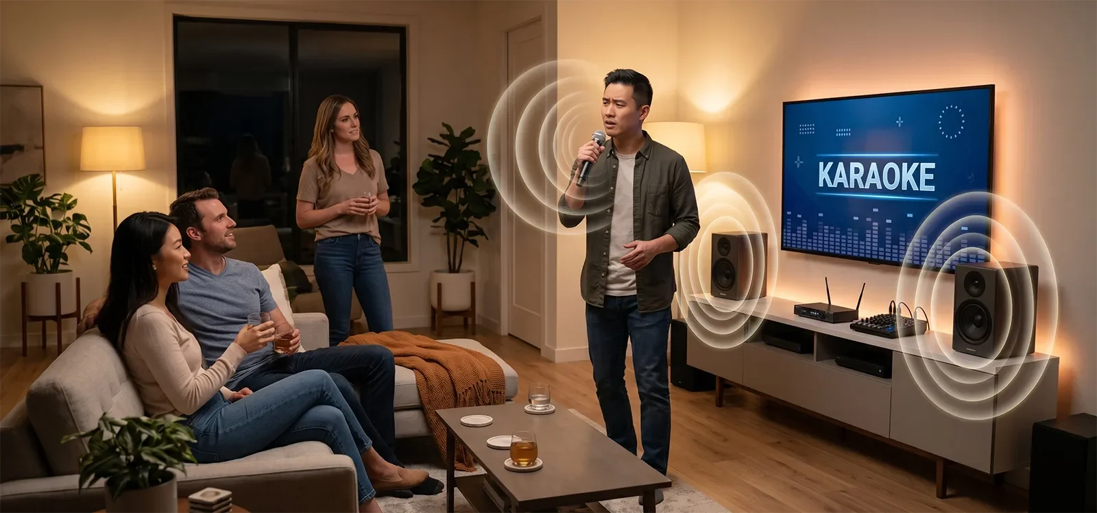 Person singing karaoke at home while hearing a delayed amplified vocal return from the speakers.