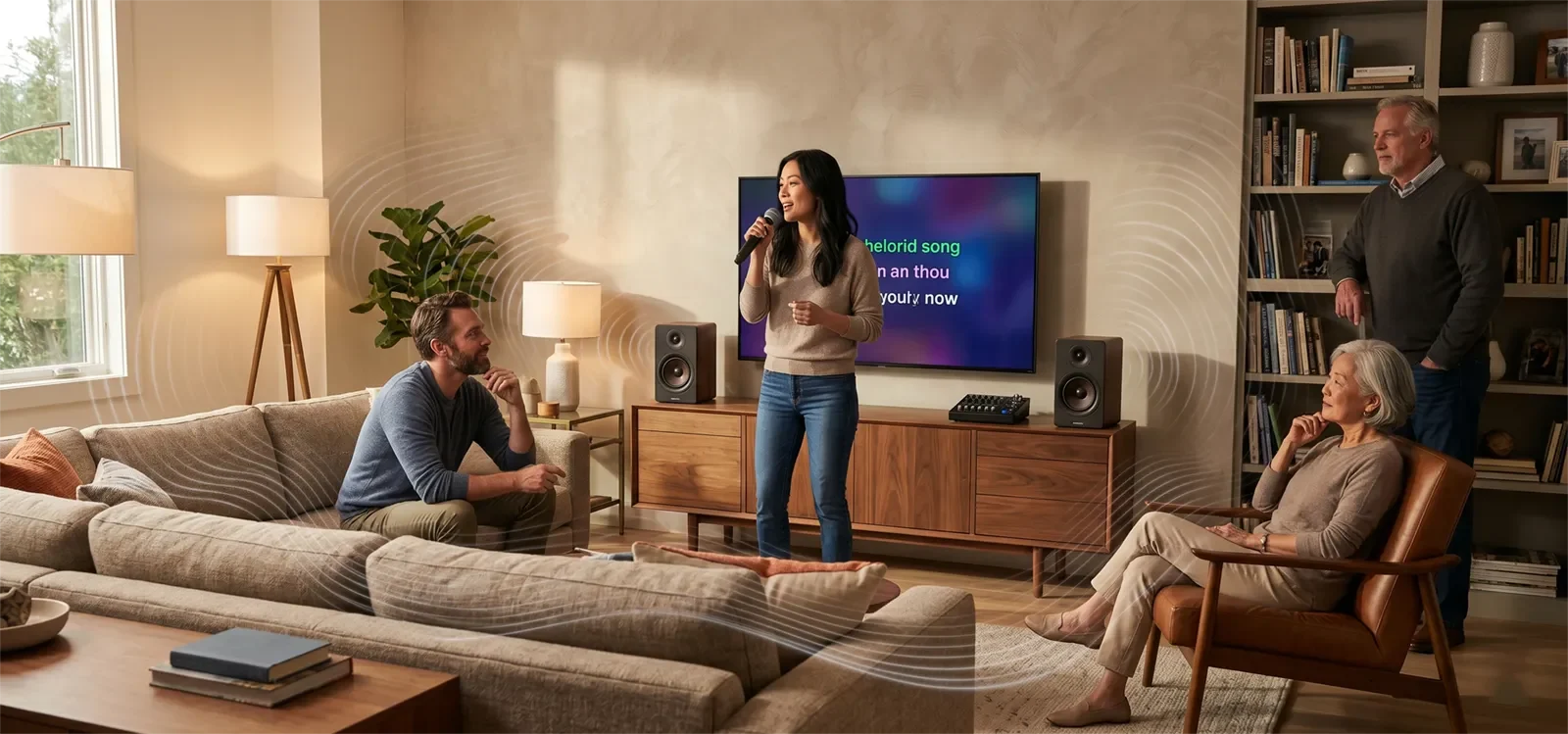 People sitting in different positions during home karaoke and hearing different bass, vocal clarity, and room reflections.