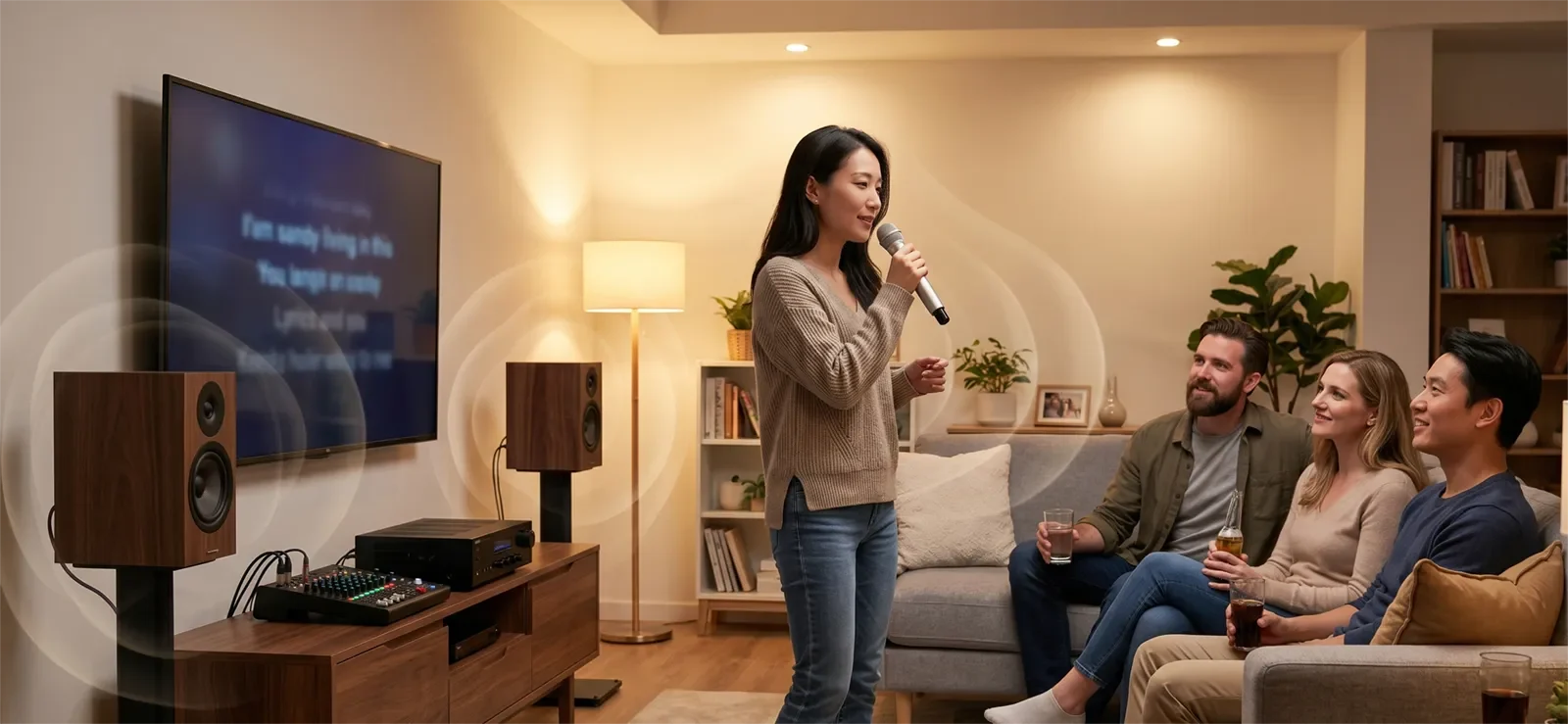 Gia đình hát karaoke ở âm lượng vừa phải và lắng nghe độ ấm, độ đầy cùng sự nâng đỡ cho vocal.