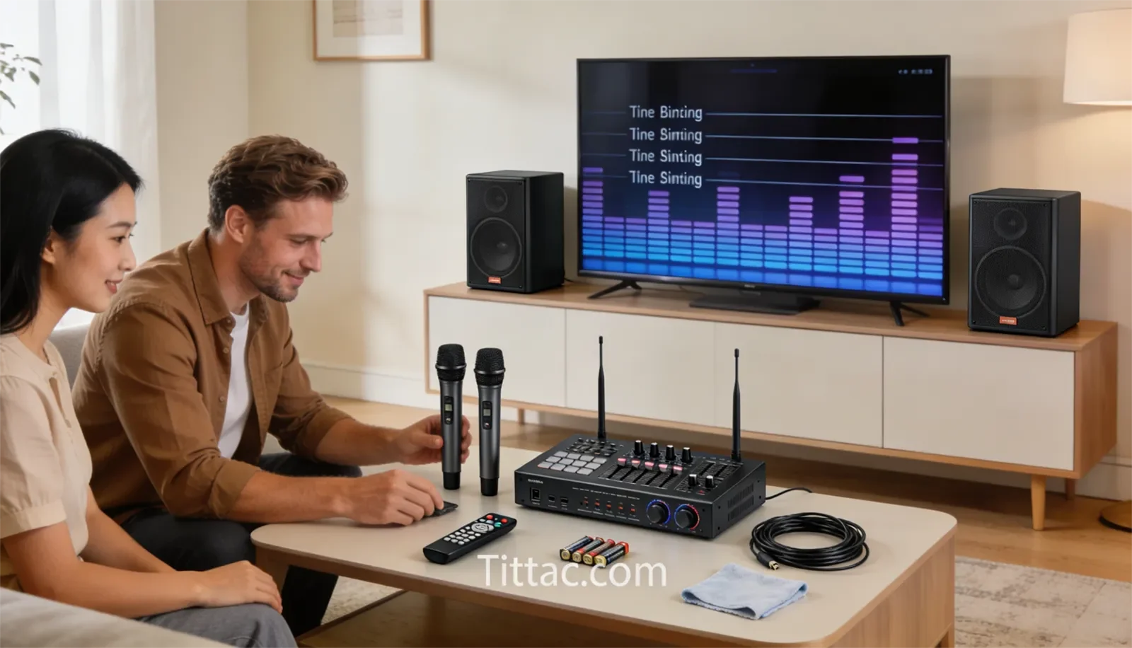 Home karaoke maintenance routine with microphones, batteries, cables, connectors, and clean storage checked before a singing session.