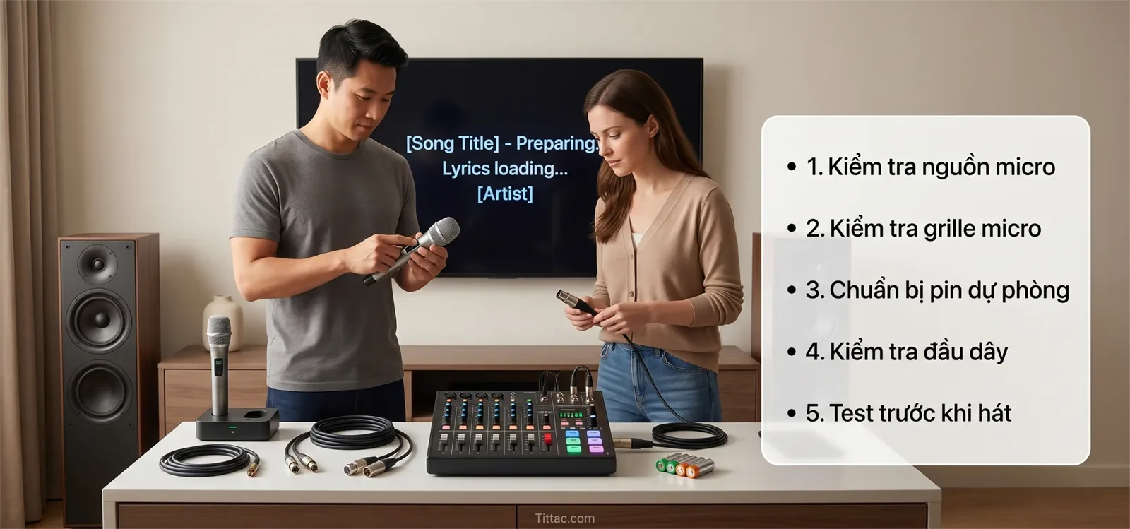 Checklist bảo trì dàn karaoke trước khi hát gồm kiểm tra nguồn micro, grille micro, pin dự phòng, đầu dây và test nhanh hệ thống.