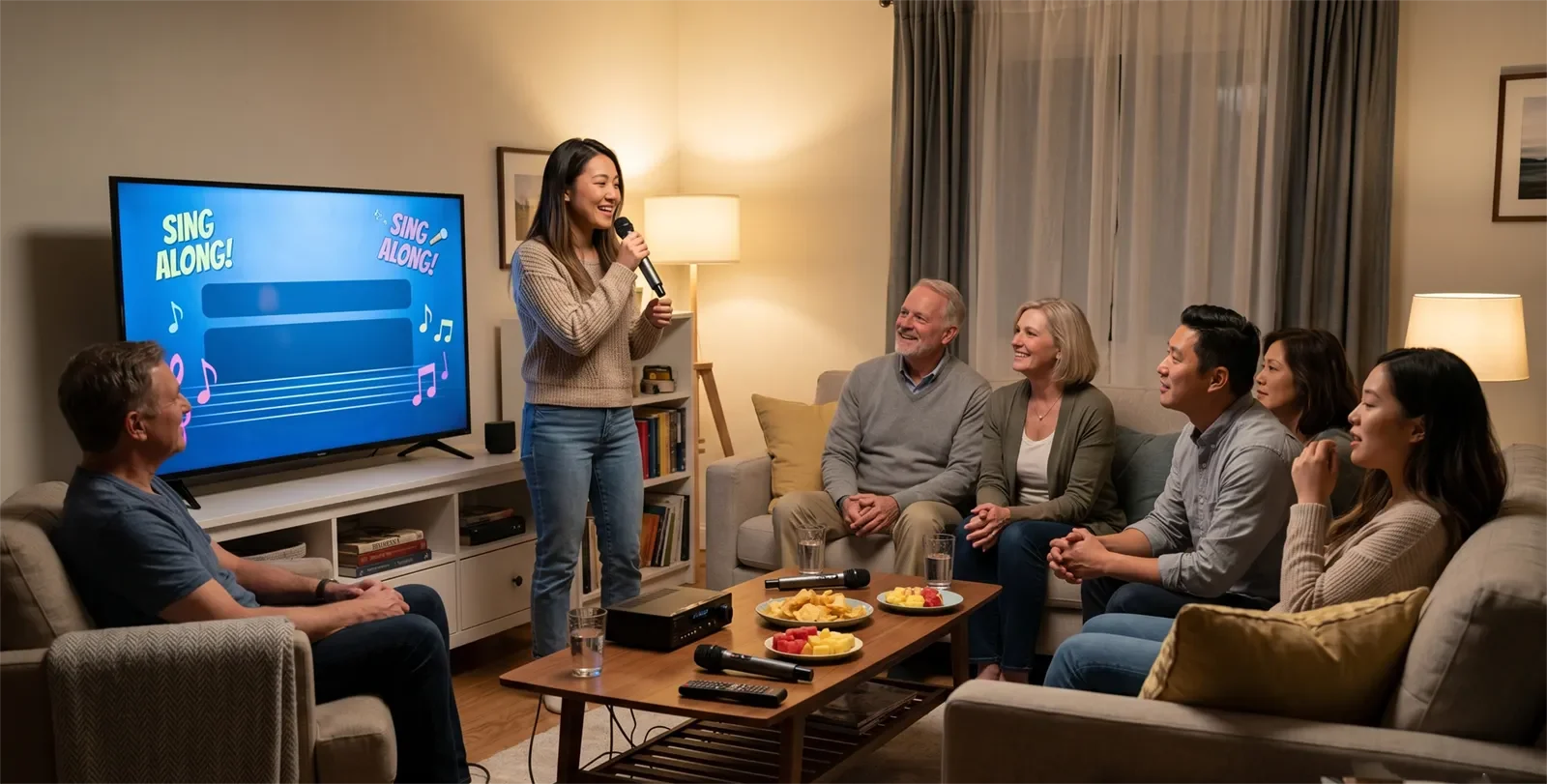 Buổi karaoke tại nhà thoải mái với màn hình lời rõ, chỗ ngồi dễ chịu và khách tham gia tự nhiên.