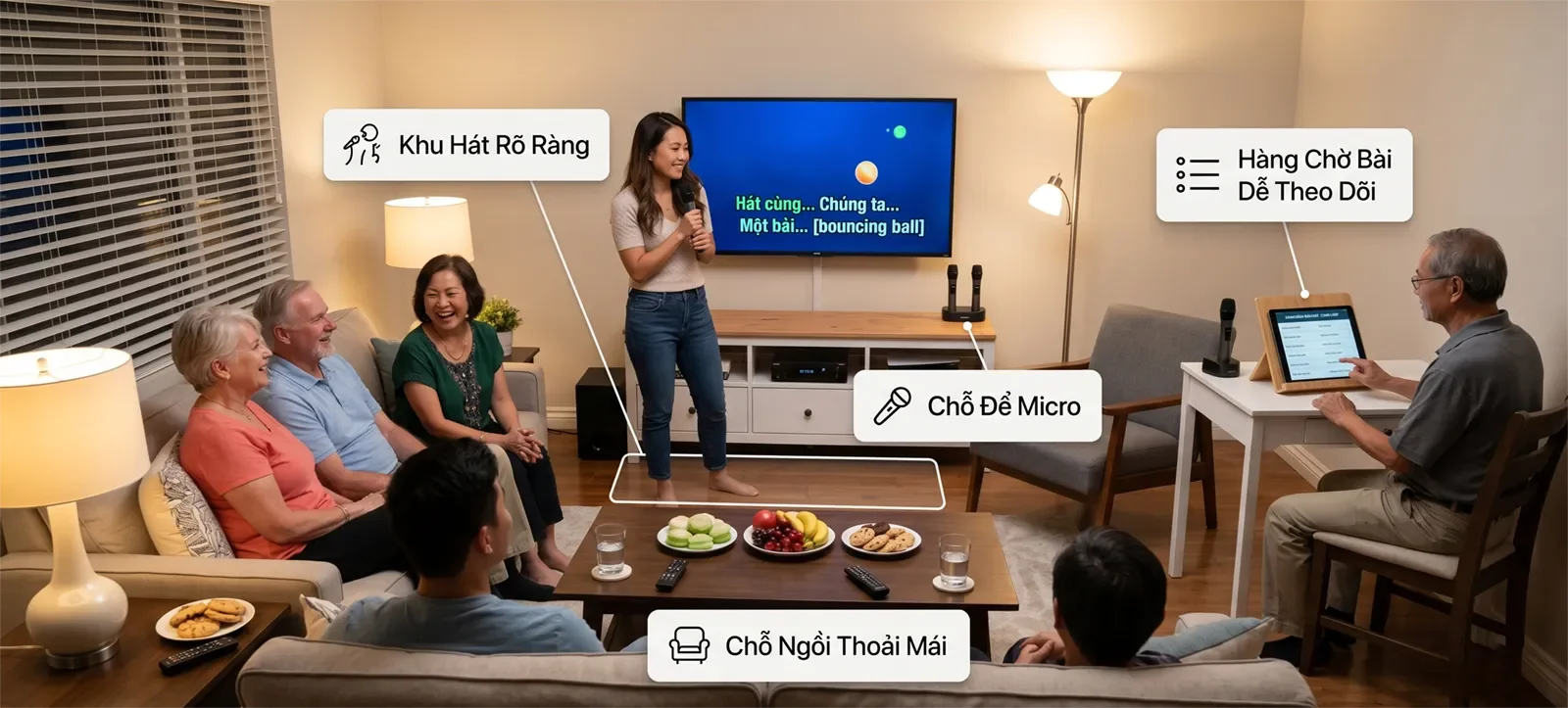Bố cục phòng karaoke tại nhà với khu hát rõ ràng, hàng chờ bài dễ theo dõi, chỗ để micro và chỗ ngồi thoải mái.