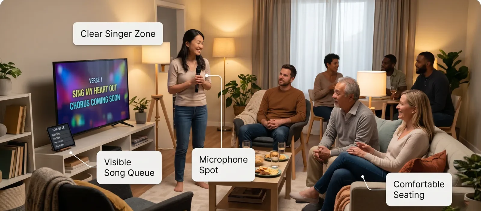 Home karaoke room flow showing a clear singer zone, visible song queue, microphone spot, and comfortable seating.
