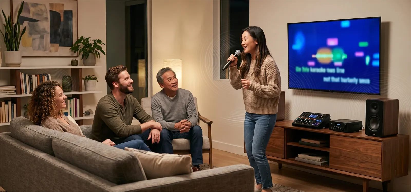 People singing karaoke at home while the system feels louder and clearer because vocals are easy to hear.