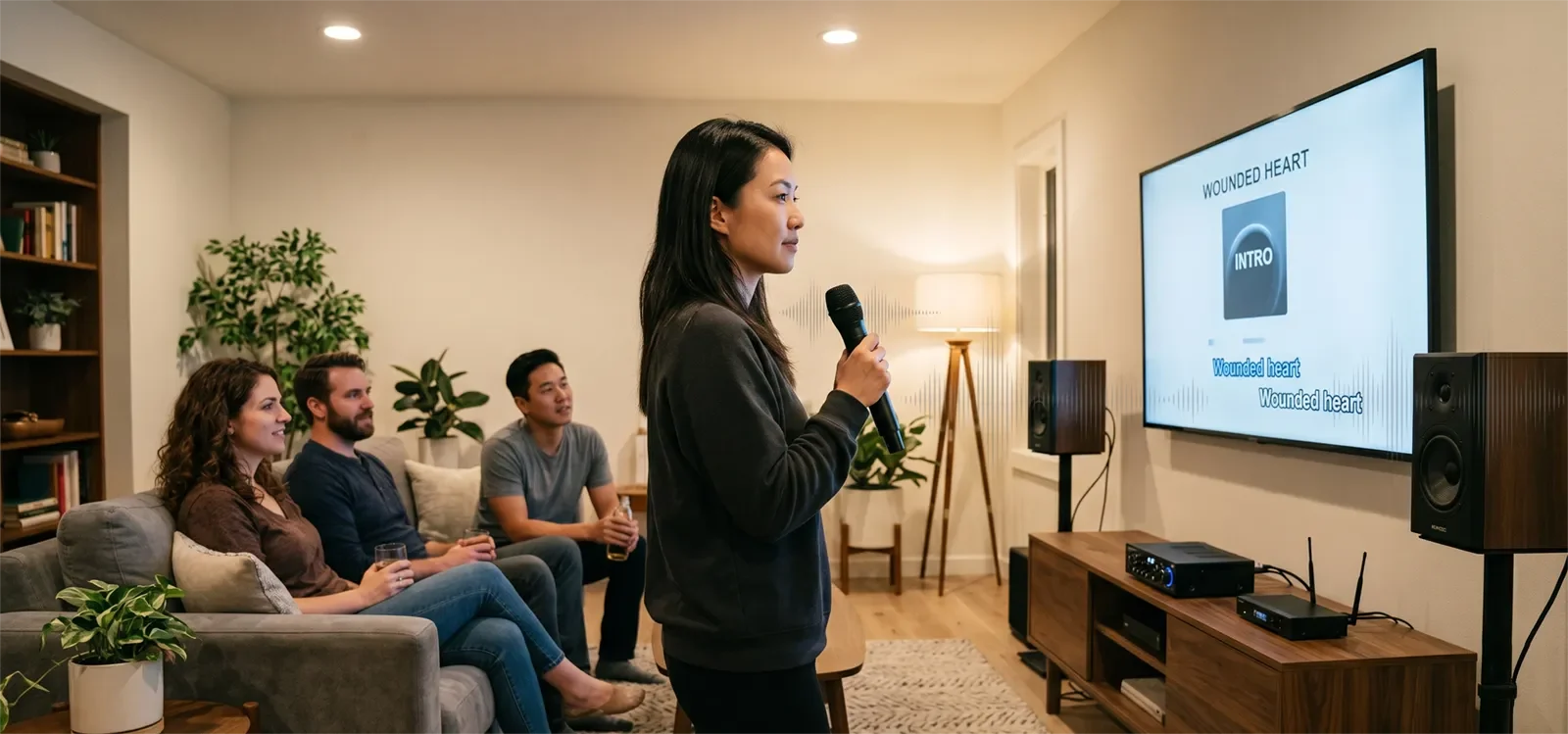 People using karaoke at home during a quiet moment where system hiss and background noise can be noticed.