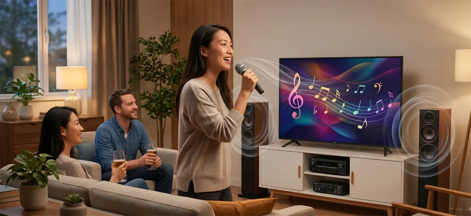 Gia đình hát karaoke tại nhà với hệ thống giữ âm thanh rõ, thoáng và thoải mái ở những đoạn hát mạnh hơn.