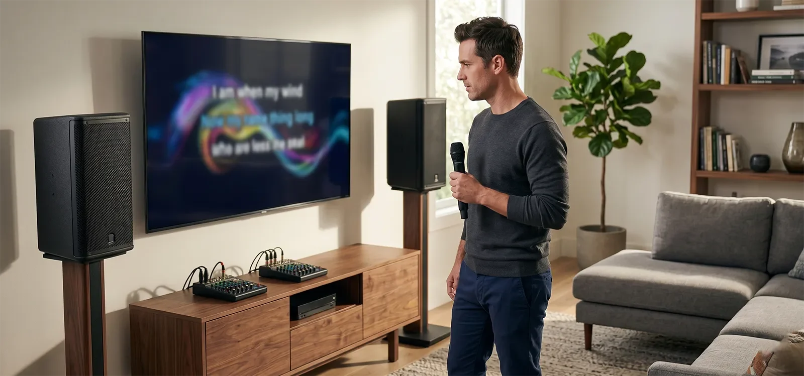 Người dùng karaoke nhìn vào màn hình TV trong lúc kiểm tra âm thanh phòng và độ rõ vocal
