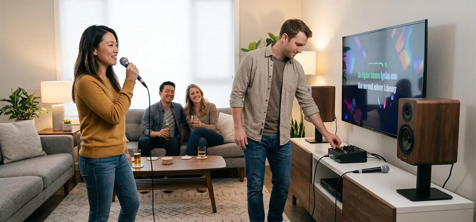 People singing karaoke at home while keeping room loudness and vocal levels comfortable.