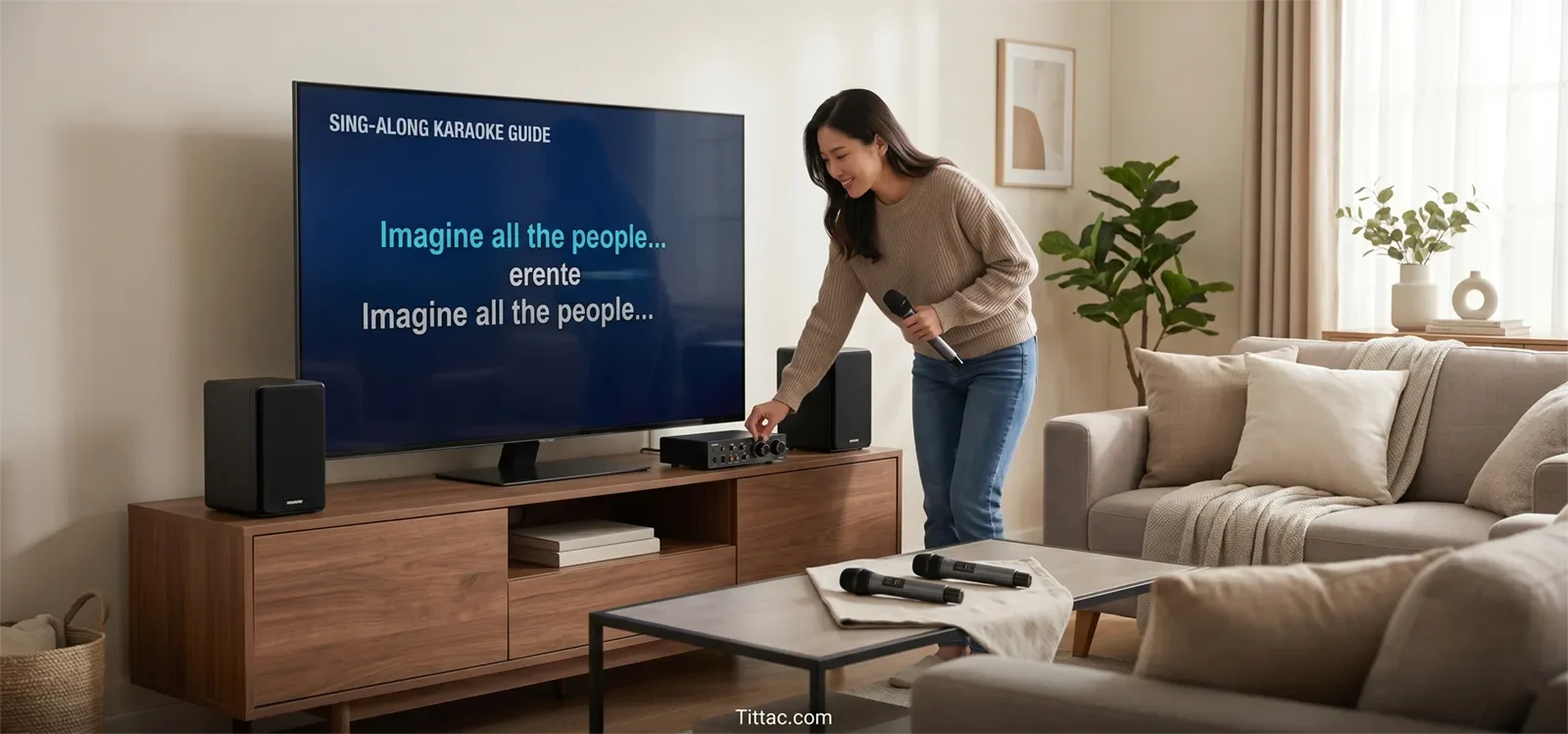 Setup karaoke tại nhà đơn giản với TV, loa karaoke, mixer và micro không dây trong phòng khách hiện đại.
